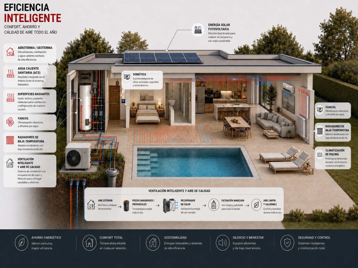 Esquema de vivienda accesible con sistemas integrados de eficiencia, climatización y ventilación